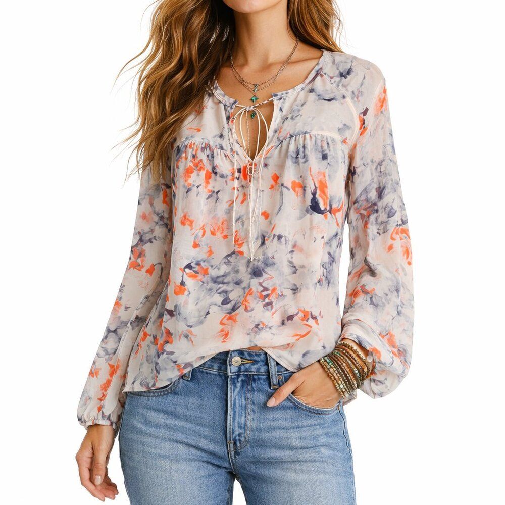 Rebecca Taylor 100% Silk Misty Garden Printed Blouse Long Sleeve Office career